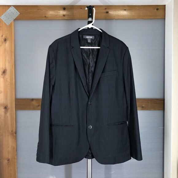 Sz XL/47- KENNETH COLE Reaction Dark Grey Plaid 2 Button Men Blazer Suit Jacket - Picture 2 of 12